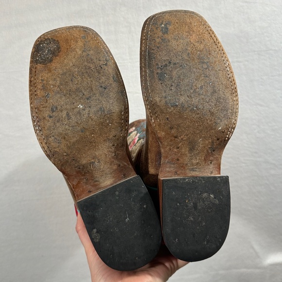 Macie Bean floral brown cowboy boots square toe rose garden leather pink blue - Picture 4 of 11